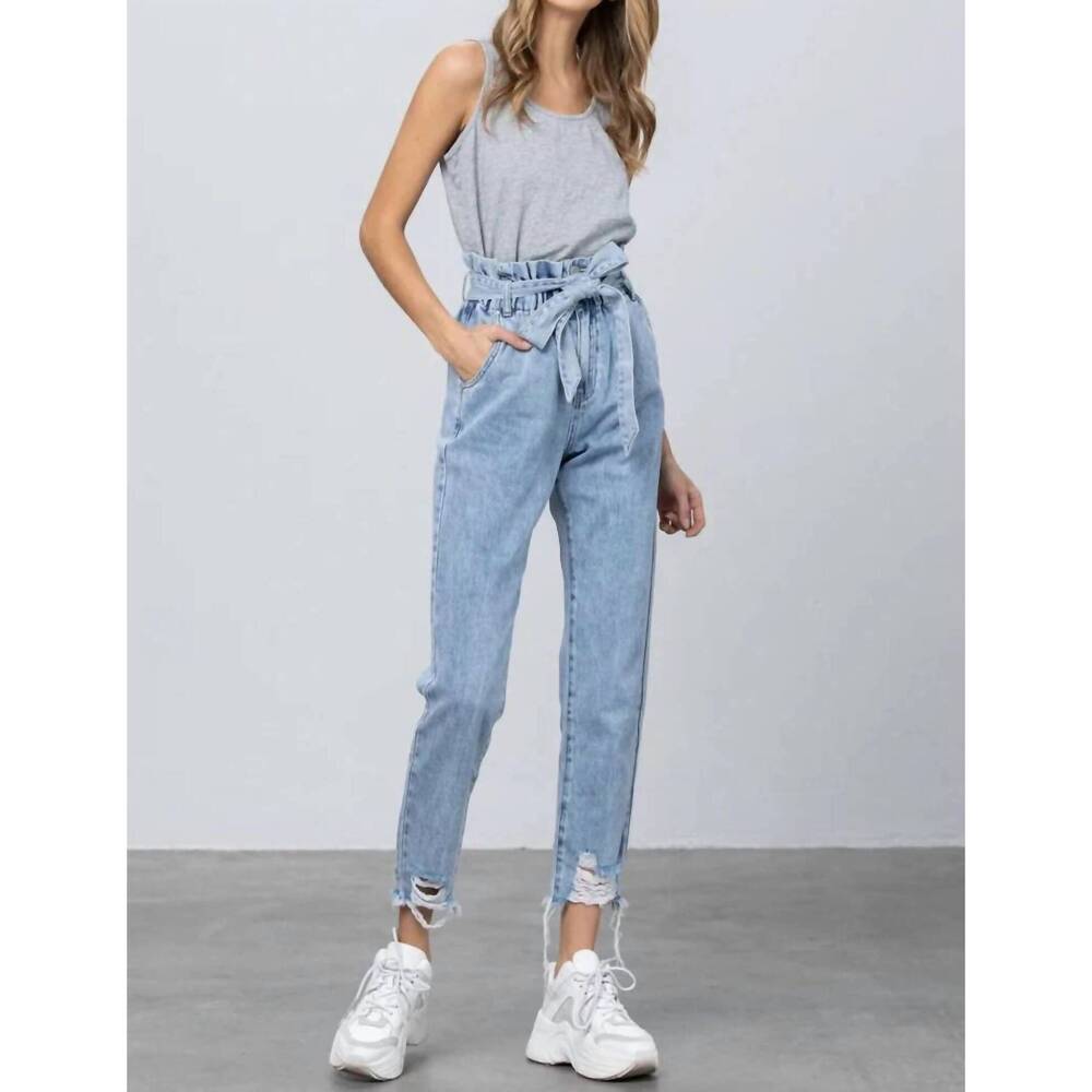NEW INSANE GENE paper bag distressed jeans in lightwash